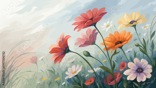 Vibrant impressionist flowers with loose brushstrokes in a serene garden landscape with colorful blooms and soft lighting