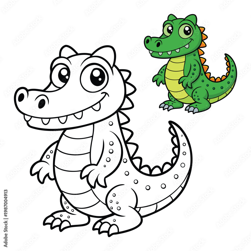 Obraz premium Cartoon Crocodile Coloring Page – Cute Wildlife Animal Illustration with Outline and Smiling Character for Kids Educational Creative Learning
