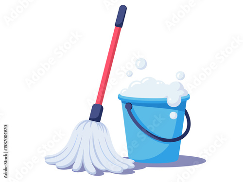 Cleaning mop and bucket filled with soapy water and bubbles isolated on transparent background