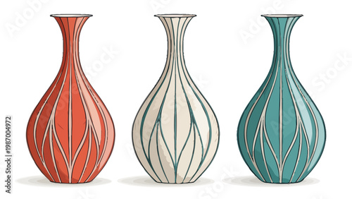 Mid century modern inspired vases with bold curves in red white and blue on white background