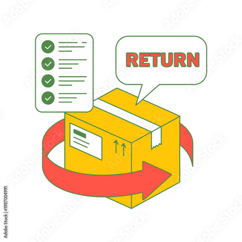 Illustration of a yellow cardboard box with a red circular arrow indicating return processing and a checklist