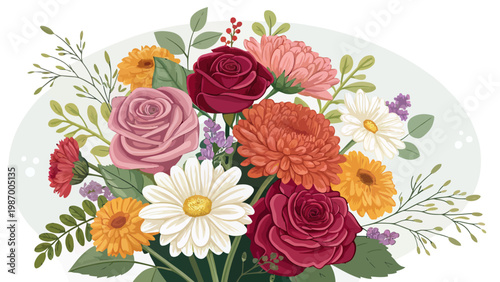 Mixed bouquet of roses daisies and chrysanthemums in pastel colors on white background with green leaves and stems