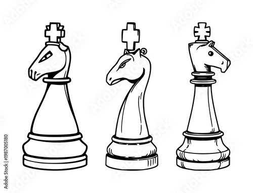 Hand-carved wooden chess piece knight set with black line art on white background featuring knight, line art, wooden, chess with hand carving and detail