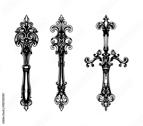 Black line art of ornate brass letter opener set with detailed illustration on white background featuring black line art, ornate brass, precision cutting tool with stationery and office supply