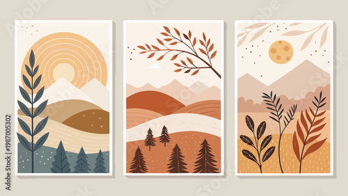 Scandinavian bohemian fusion art with clean shapes earthy tones and minimalist landscapes in triptych format for interior design