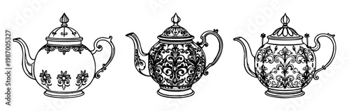 Teapot set with ornate black line art design featuring cast iron, black and white illustration, antique style with ceramic and kitchenware