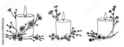 Soy candle set with decorative dried flowers in a linear black and white aesthetic design featuring aromatherapy, meditation, and relaxation with natural elements and fragrance