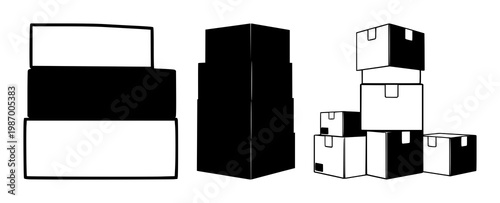 Cardboard boxes set with stacked silhouette design featuring bulk shipping, warehousing, supply chain with packaging and logistics