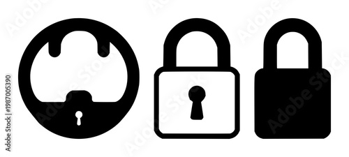 Secure checkout padlock set with simple black icon design featuring lock symbol, e‑commerce security, digital padlock with white background and minimalism