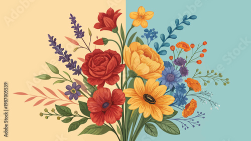 Vibrant split color floral composition with warm and cool tones contrasting peach and blue background showcasing a mix of colorful flowers leaves and blossoms in a harmonious