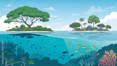 Split composition of tropical island above water and coral reef ecosystem below surface