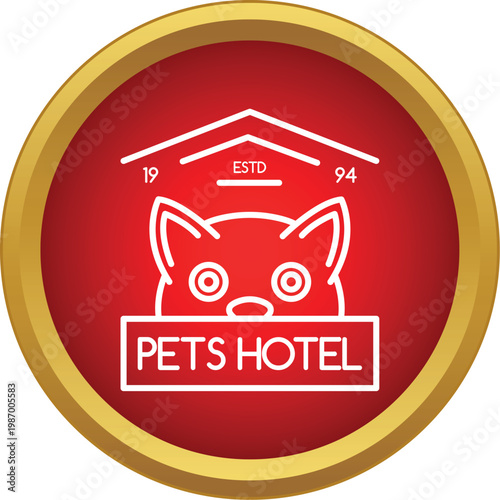 Cat head icon with pets hotel text on a red and gold circle