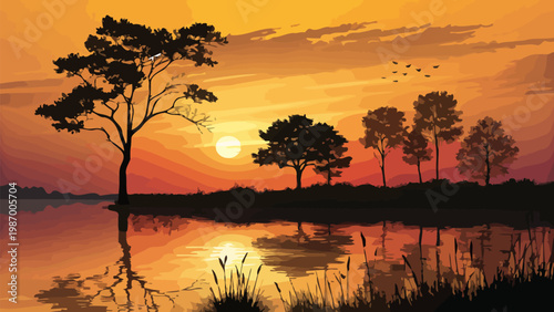 Serene sunset over calm water with silhouetted trees and vibrant orange sky reflection