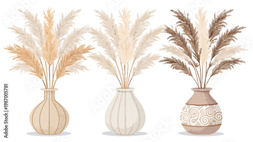 Three ceramic vases with dried pampas grass on a white background beige and brown hues bohemian home decor elements