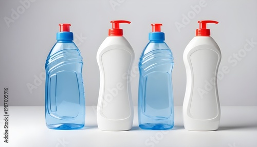 Three plastic bottles for detergent cleaning agents isolated on a white background.  Plastic bottle isolated with a clipping path.  There's empty space for text.