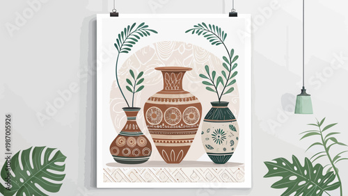 Colorful pottery art poster with three vases and plants on white background home decor inspiration