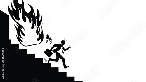 Silhouette of a panicked businessman carrying a briefcase running down a set of stairs while being pursued by large flames of fire.