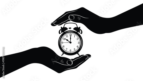 Silhouette of two large hands gently cupped around a classic ringing alarm clock to protect and manage precious time and deadlines.
