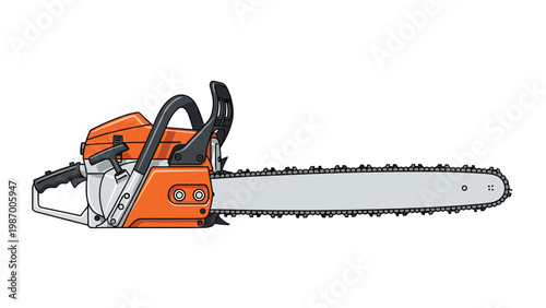 Side view of a powerful professional gasoline chainsaw with an orange and white body and a long metal cutting guide bar.