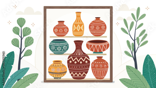 Vibrant pottery arrangement on a shelf with colorful vases and plants on a white background