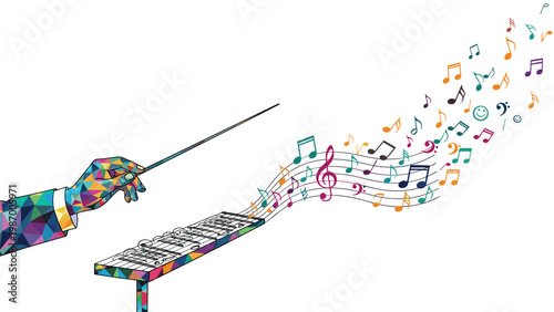 Artistic colorful hand holding a conductor baton with a stream of vibrant musical notes and symbols flowing from a music stand.