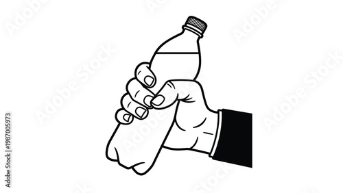 Simple black and white line drawing of a hand firmly grasping a clear plastic bottle partially filled with refreshing liquid.
