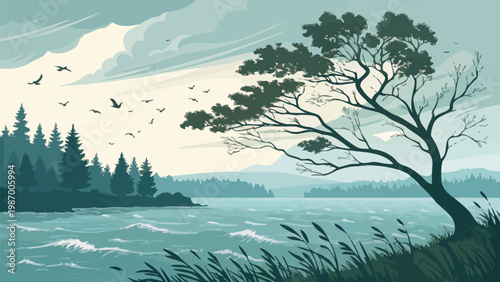 Windy lakeside scene with bending tree moving water and distant mountains under cloudy sky