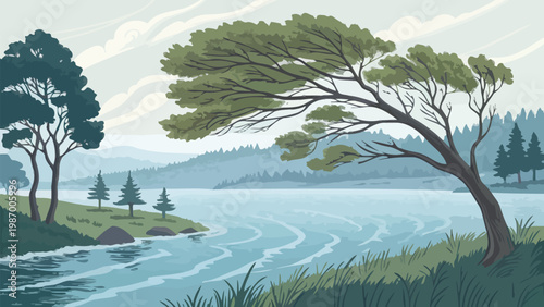 Serene lakeside scene with bending trees moving water and lush greenery on a windy day in a natural landscape