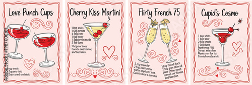 A charming quartet of illustrated cocktail recipe cards each featuring a festive drink for romantic occasions high quality professional detailed modern elegant stylish