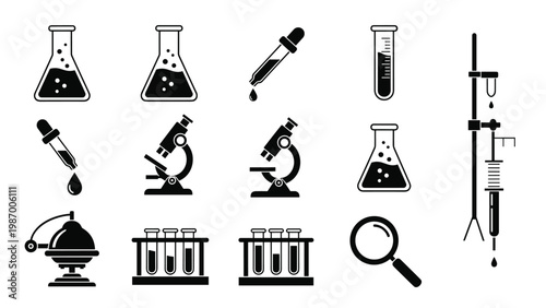 Collection of chemistry laboratory equipment icons including beakers, microscopes, test tubes, and pipettes in black.