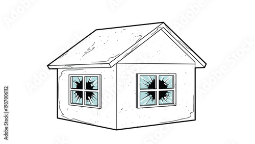 Simple white house illustration with shattered glass windows and cracks on walls representing vandalism or damage.