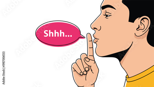 Young man making silence gesture by putting finger to lips with a pink speech bubble saying Shhh to request quiet.