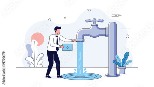 Businessman holding a box with a heart symbol and catching water from a giant outdoor faucet for social charity.
