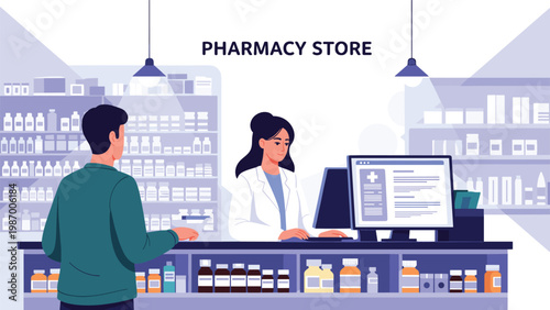Male customer standing at a pharmacy store counter talking to a female pharmacist in a white coat for advice.