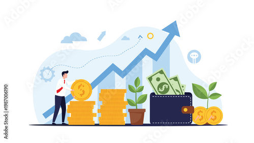 Businessman stacking gold coins next to a growing plant and a wallet with cash in front of a blue growth graph.