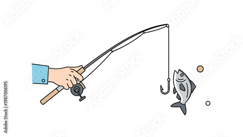Person holding a fishing rod and reel having just caught a silver fish on a hook during an outdoor hobby trip.