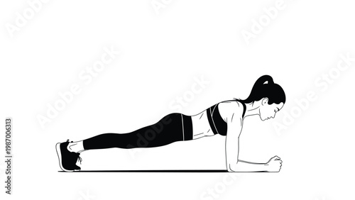Black and white silhouette of a woman performing a forearm plank exercise for core strength and fit lifestyle.