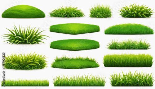 Lush green grass patches vector set, isolated on white background.
 