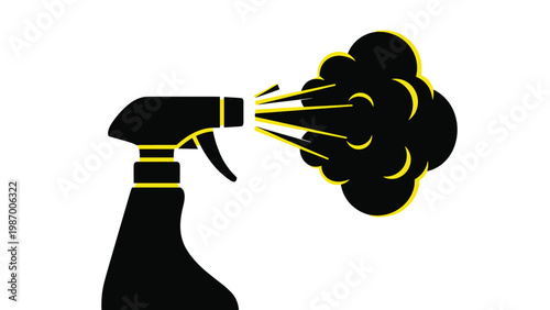 Black silhouette of a trigger spray bottle releasing a cloud of mist or spray for cleaning and sanitation at office.