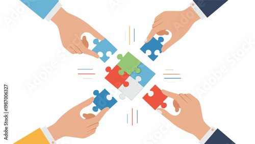 Four hands of diverse people working together to assemble colorful puzzle pieces in the center for a solution.