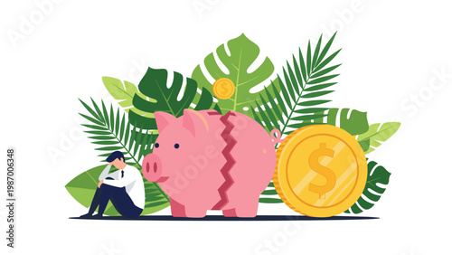 Businessman feels despair sitting next to a broken piggy bank and giant gold coin, symbolizing financial crisis and lost savings.