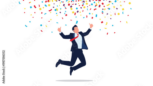 Successful businessman jumps for joy under a shower of colorful confetti to celebrate professional achievement and business victory.