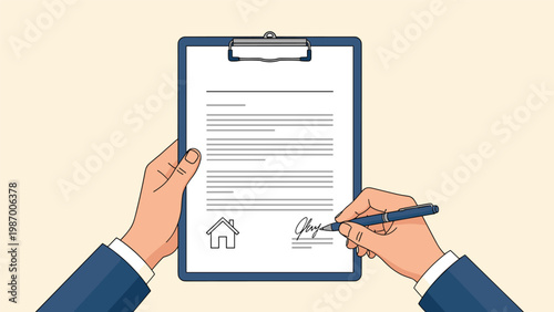 Hands of a businessman signing a property purchase agreement on a clipboard featuring a house icon to complete a real estate deal.