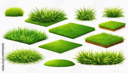 Lush green grass patches vector set, isolated on white background.
 
