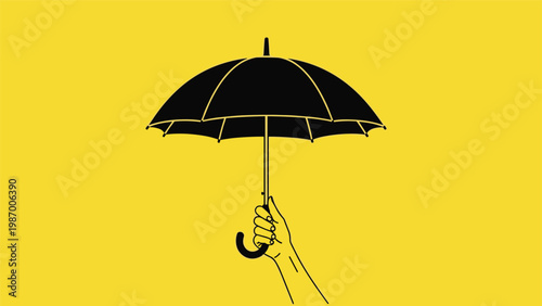 Single hand holds a black open umbrella against a bright yellow background to represent protection and security from risks.