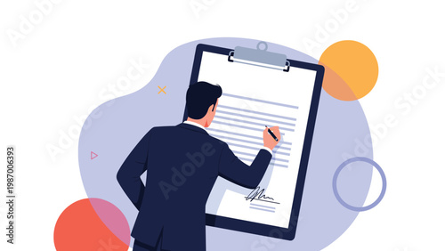 Back view of a professional businessman signing a large document on a clipboard against an abstract background with colorful shapes.