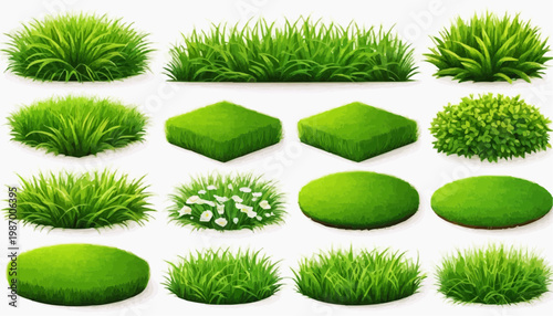 Lush green grass patches vector set, isolated on white background.
 