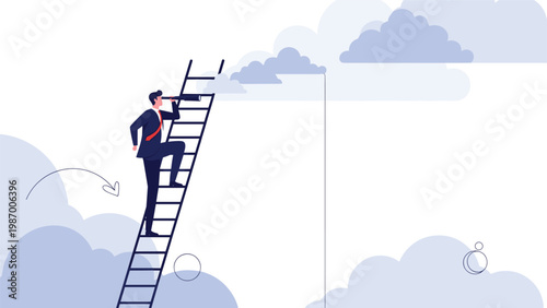 Ambitious businessman climbs a ladder high into the clouds and uses a telescope to find new heights and long term business goals.