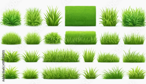 Lush green grass patches vector set, isolated on white background.
 
