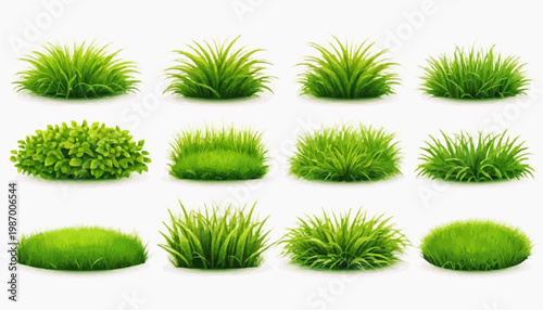Lush green grass patches vector set, isolated on white background.
 